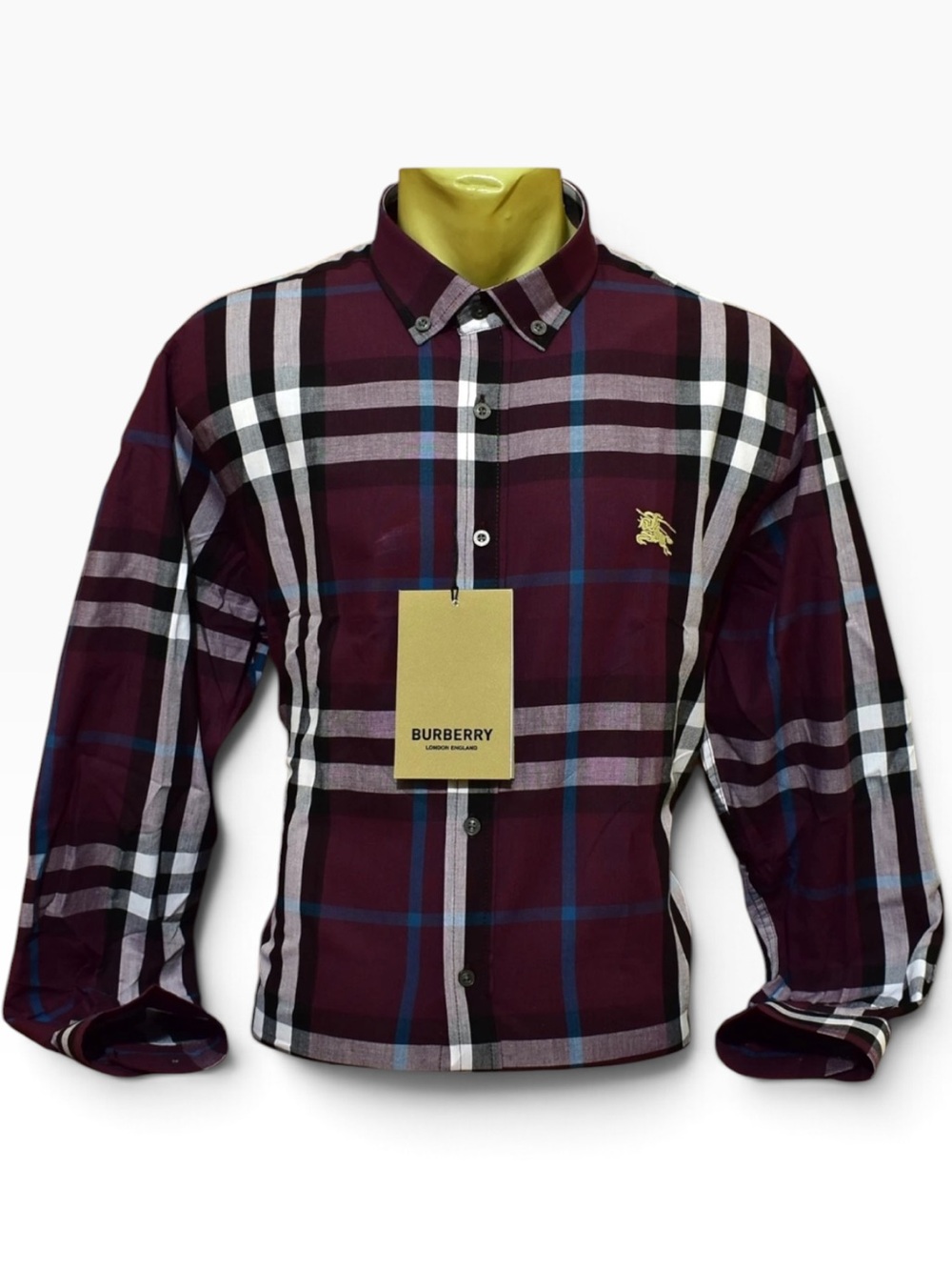 Burberry Men's Maroon Plaid Button-Down Shirt with Contrast Stripes size M